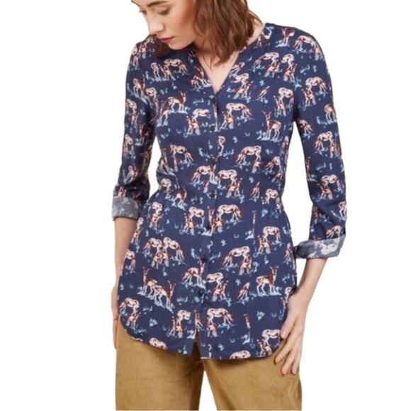 Modcloth Trusty Travel Deer Print Button Down Back Peplum Shirt V-neck XL Blue - Picture 1 of 9